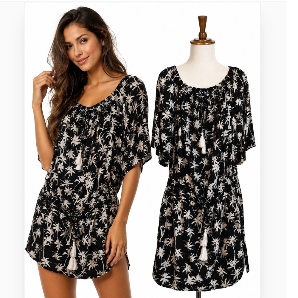 Blue Island Beach Cover Up Dress Large Black White Palm Tree Tassel Boho Resort